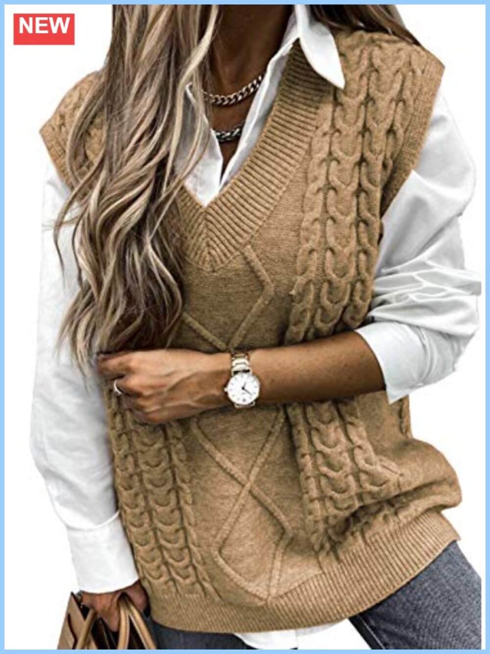 Oversized Cable Knit Sweater Vest V Neck Sleeveless Pullover Layer Top